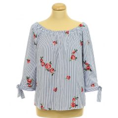 Cartoon csíkos-hímzett virágmintás blúz